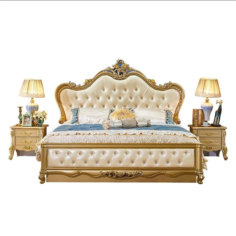 2021 Прямая поставка с фабрики, свадебная кровать в европейском стиле, роскошная деревянная кровать, мебель с обивкой, королевская мебель, античные золотые наборы для спальни