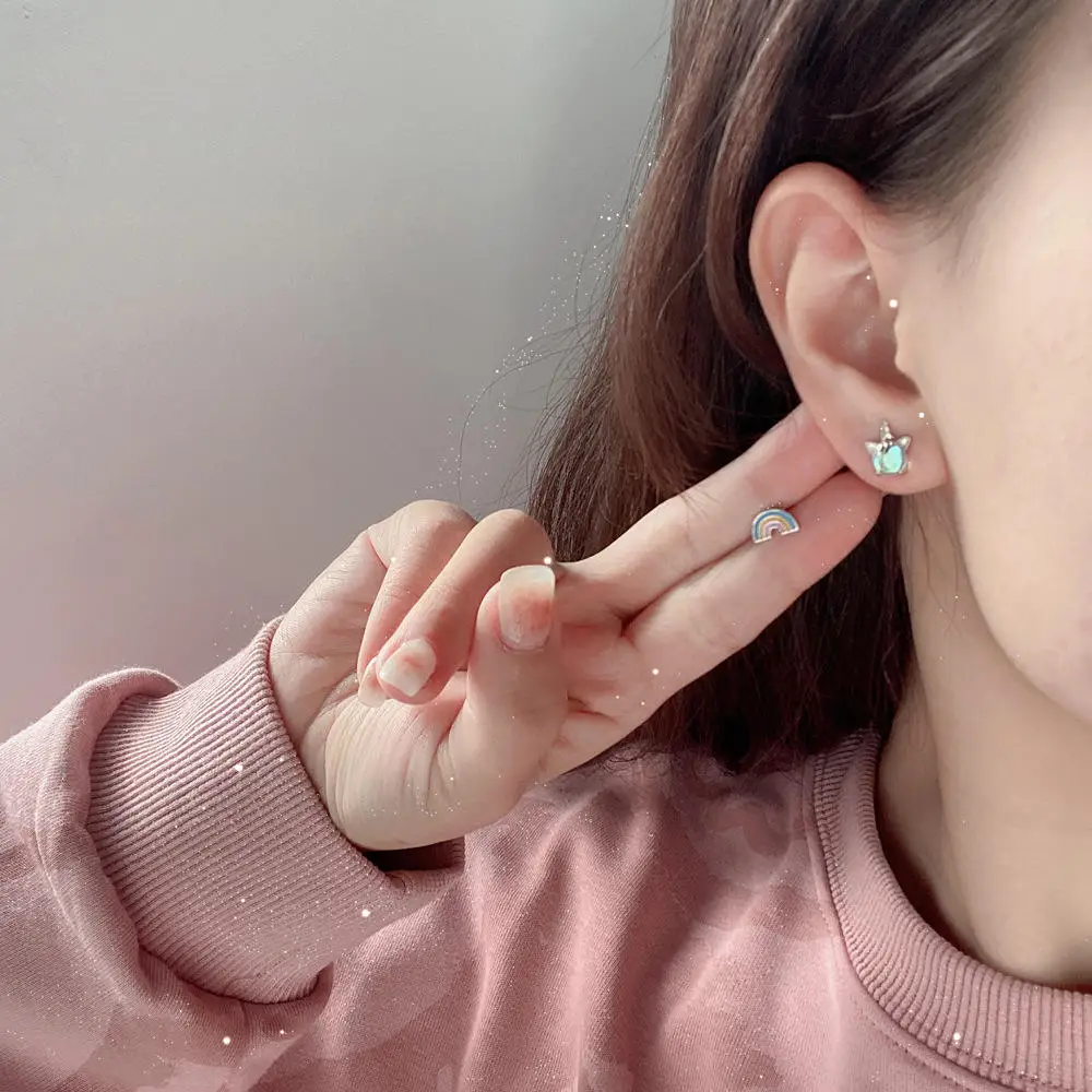 Gold Plated Stud Earrings Baby Girl Style Surgical Stainless Steel Colorful Zircon Opal Cute Animal Kids Unicorn Earrings Studs