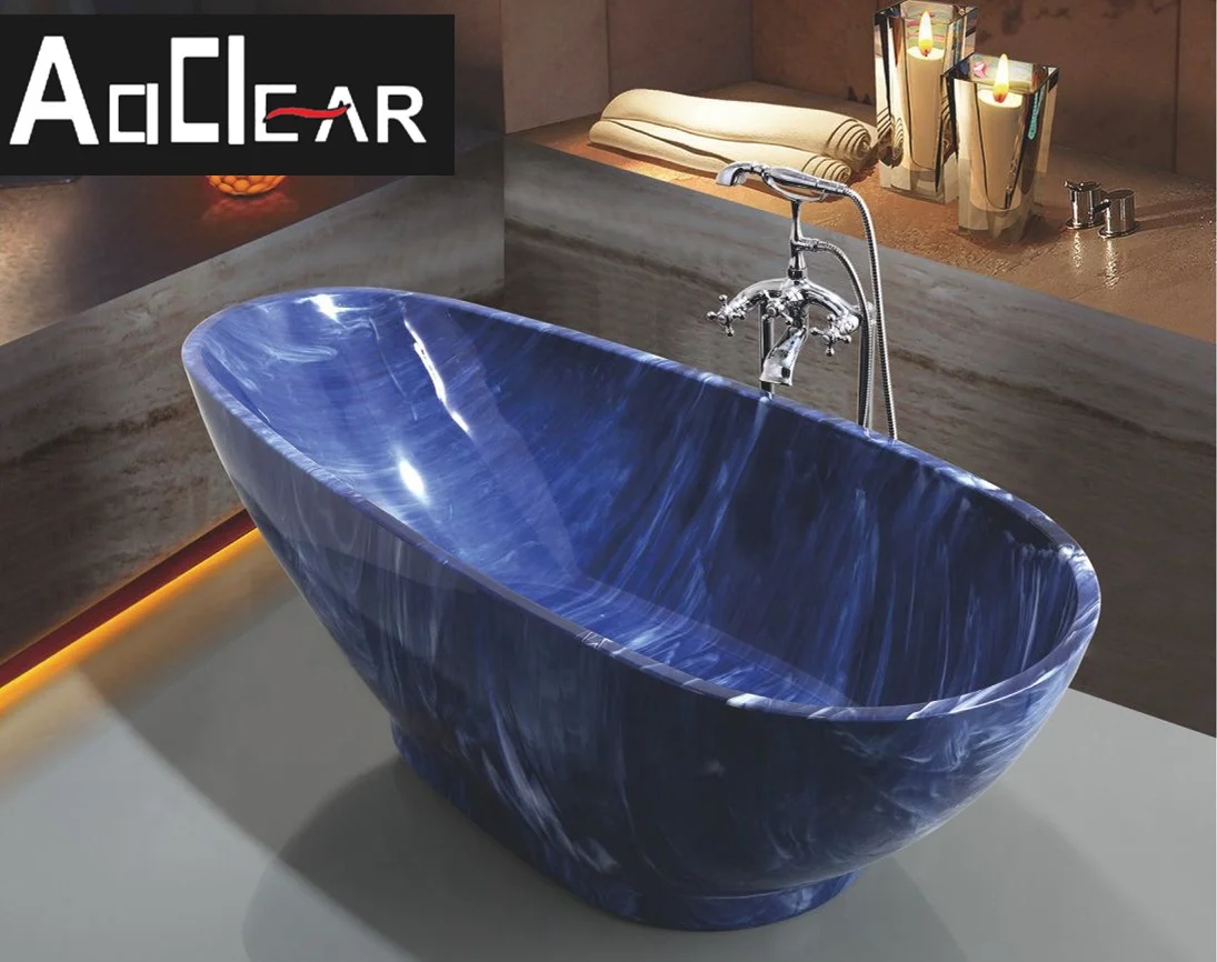 Aokeliya modern blue coloured marble pattern oval acrylic freestanding soaking bath tub with faucets