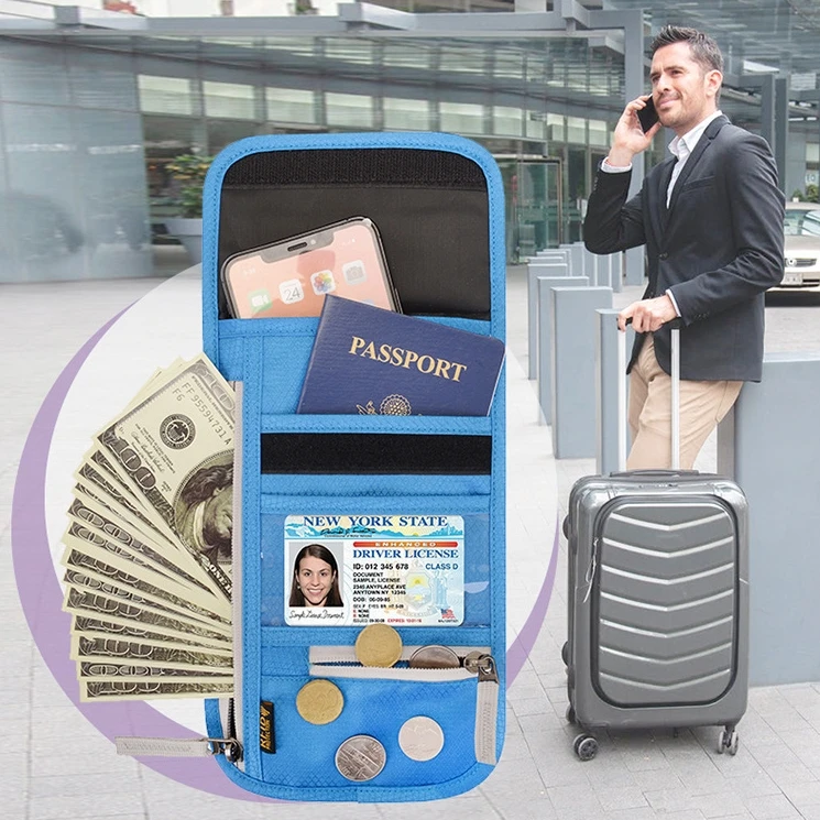 Wholesale Promotional Travel Pouch Family Passport Holder Nylon Travel Passport ID Card Name RFID Neck Wallet With Lanyard