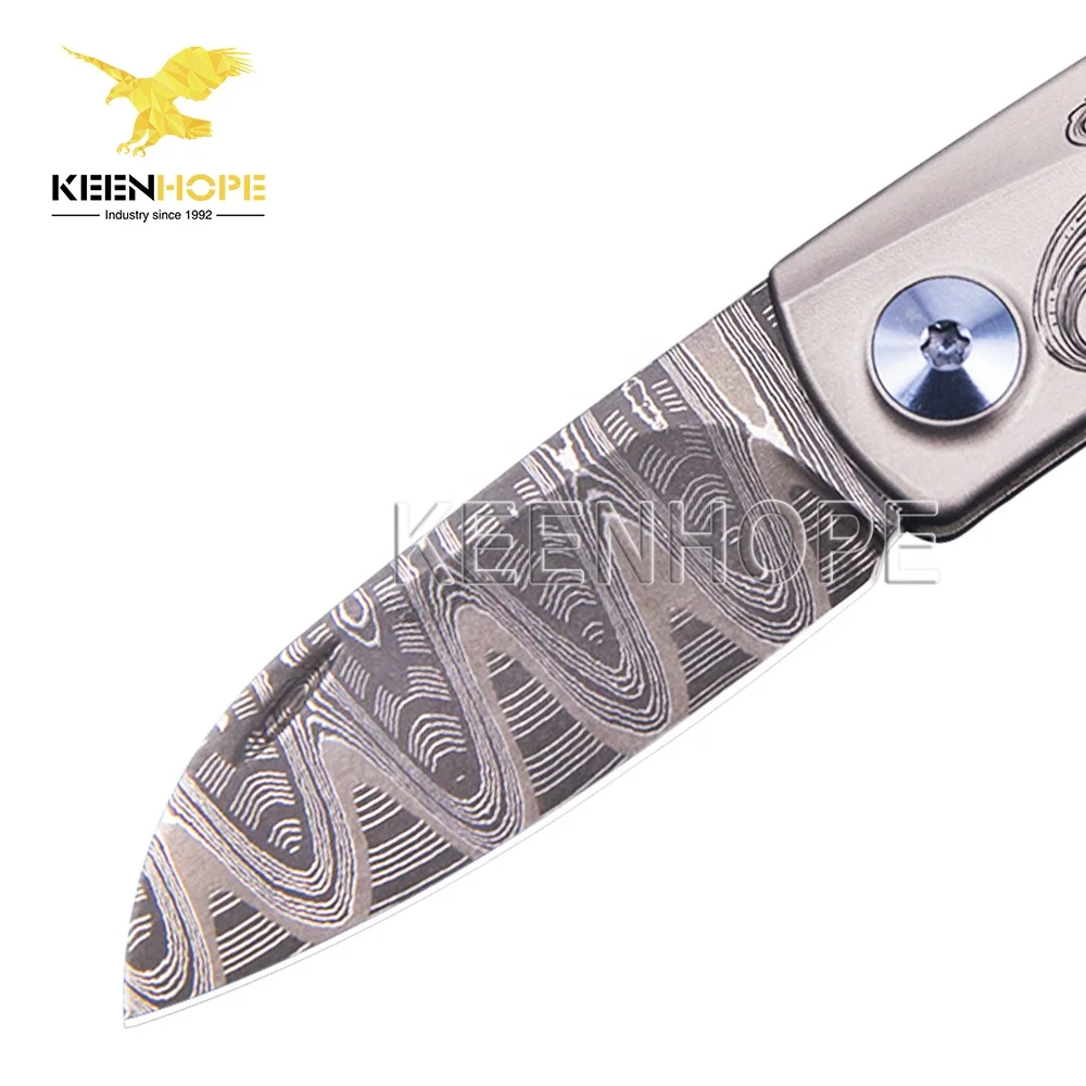 Damascus Folding Pocket Knife USA Mike Norris Composite Ladder Pattern Titanium TC4 Hand Engraving Scroll Flower pattern Handle