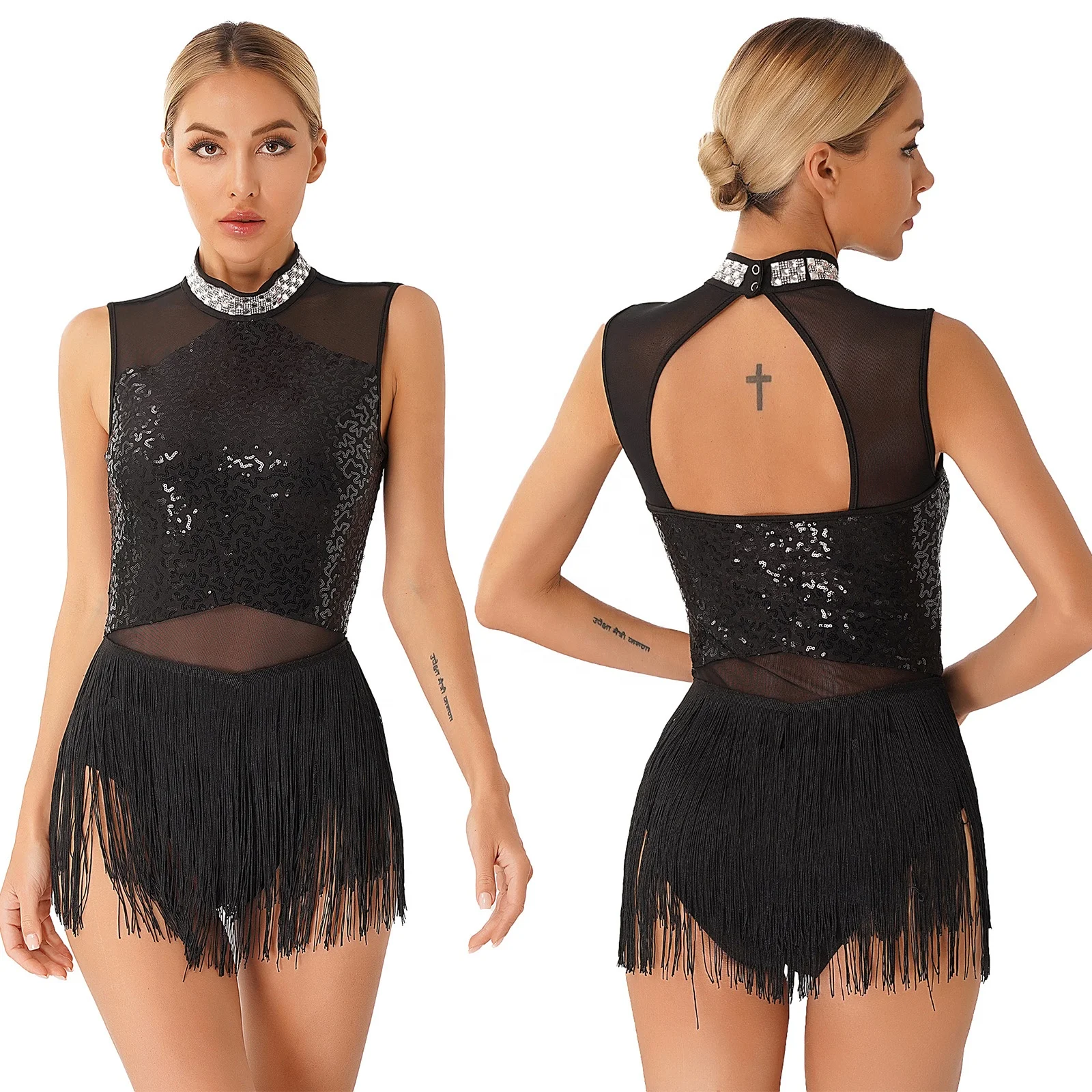 Womens Rhinestone Collar Fringed Leotard Mesh Patchwork Sequined Dance Dress Latin Performance Costume