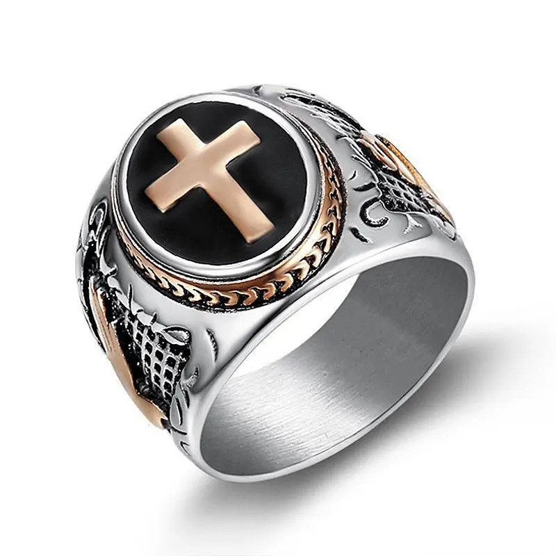 New Fashion Titanium Steel Mens Catholic Religious Christian Prayer Cross Finger Ring Gold Plated jewelry