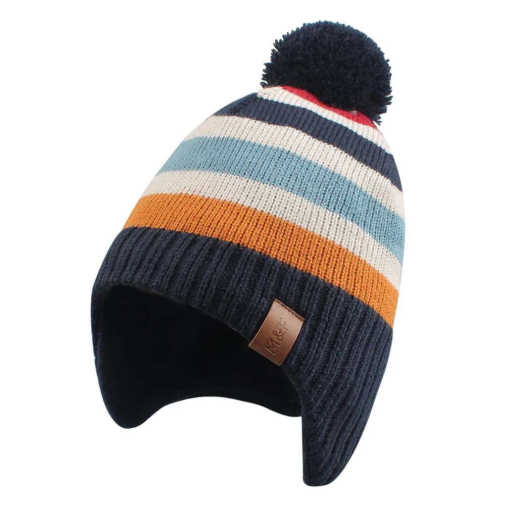 Classical Stripe Winter Kids Baby Hat Boys Beanie  Acrylic Polyester Girls Thick Pompom Knitted Hat Unisex