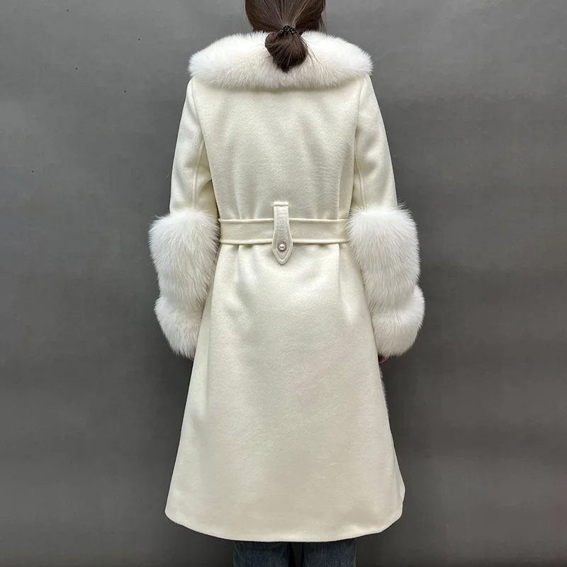 Luxurious Double Faced Wool Coat Real Fox Fur Jacket Winter Women Long Style Down Coat with Fur
