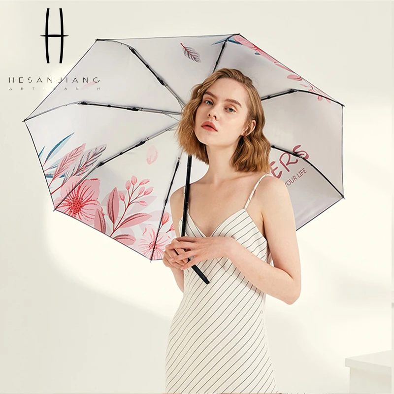 Pink flower decorated umbrellas manual three folding black coating uv protection umbrella