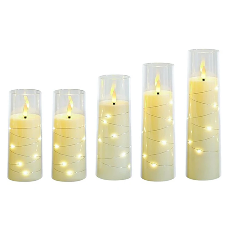 Flameless Flickering Plastic Candles with Embedded Star String Battery Operated LED Pillar Candles with Timer and Remote