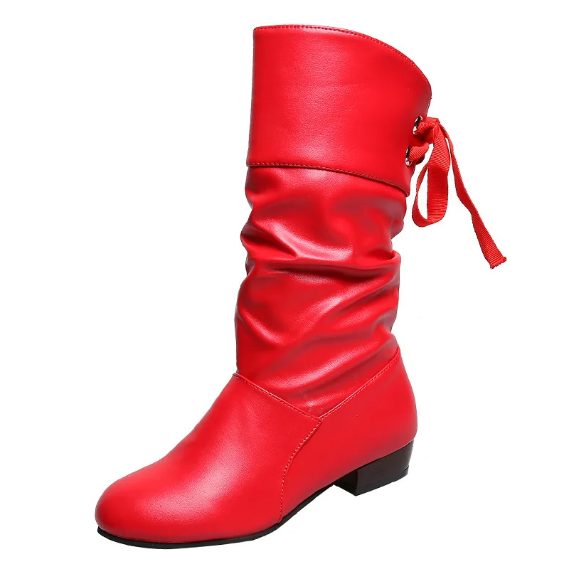 Autumn and Winter Extra Large Size Student Knight Boots Supply Low Heel round Head Slingback Warm Mid-Calf Boots