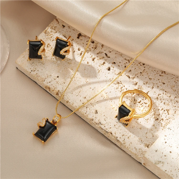 Wholesale Brass 18K Gold Plated Black Onyx Necklace Earrings Ring Dubai Gold Jewelry Set