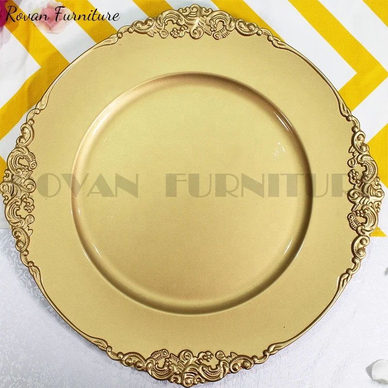 Royal  rose gold rim wedding champagne plastic wedding plates for hotel used plate charger