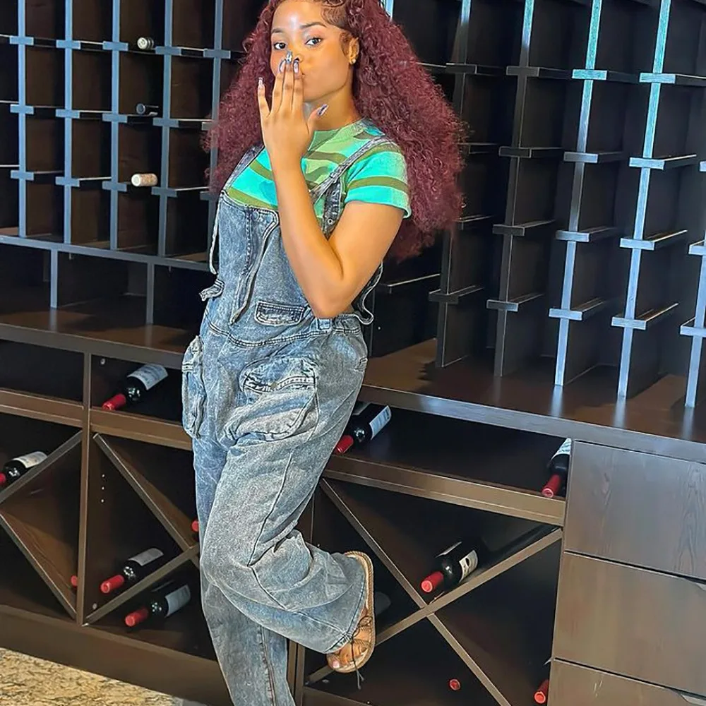 hot sale fashion baggy blue denim jumpsuits overall loose suspenders casual one piece jean rompers women jumpsuit