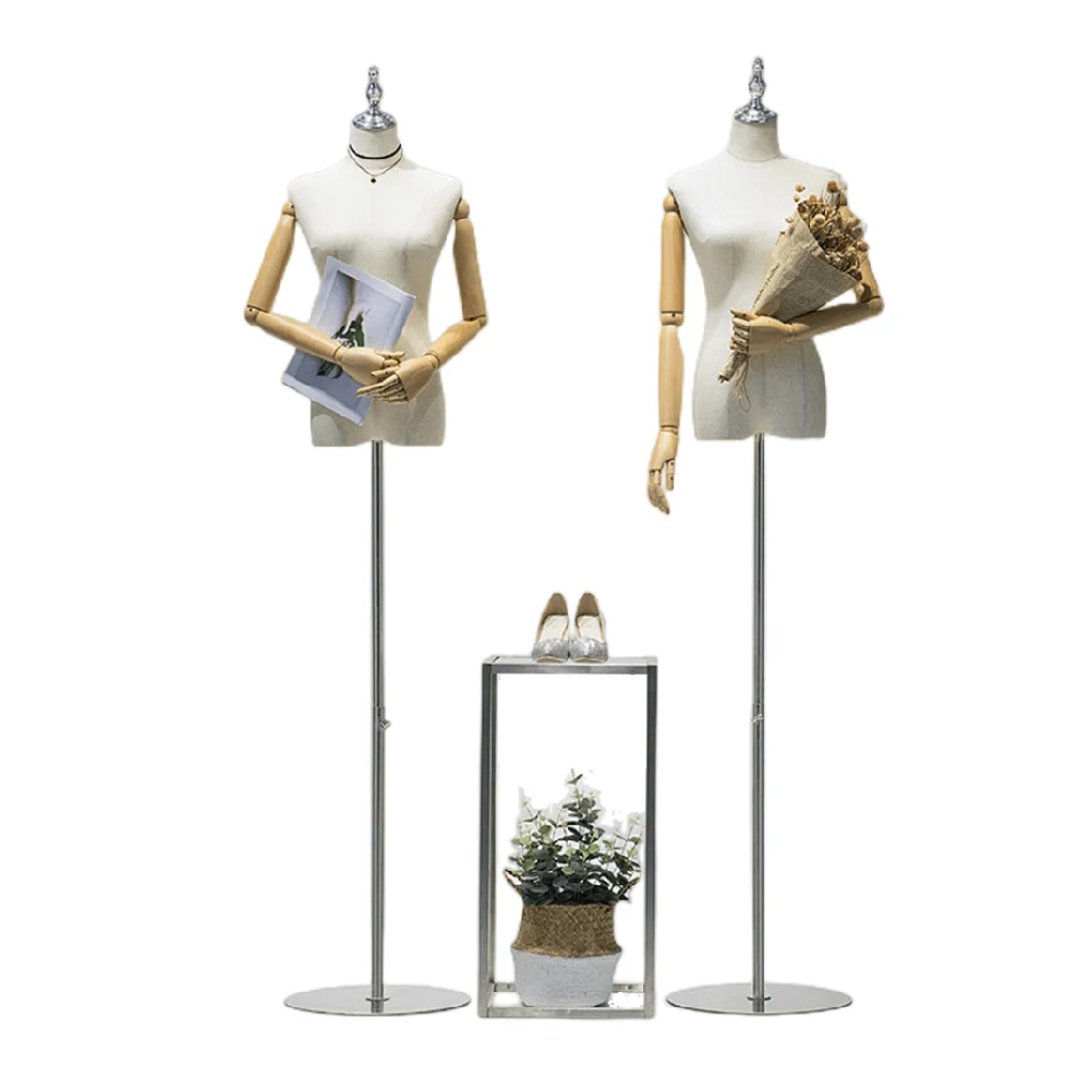 Wooden Arm Fabric Cover Female Half-Body Mannequin Metal Base Display for Wedding Clothes Dress Form Adjustable Rack Window Show