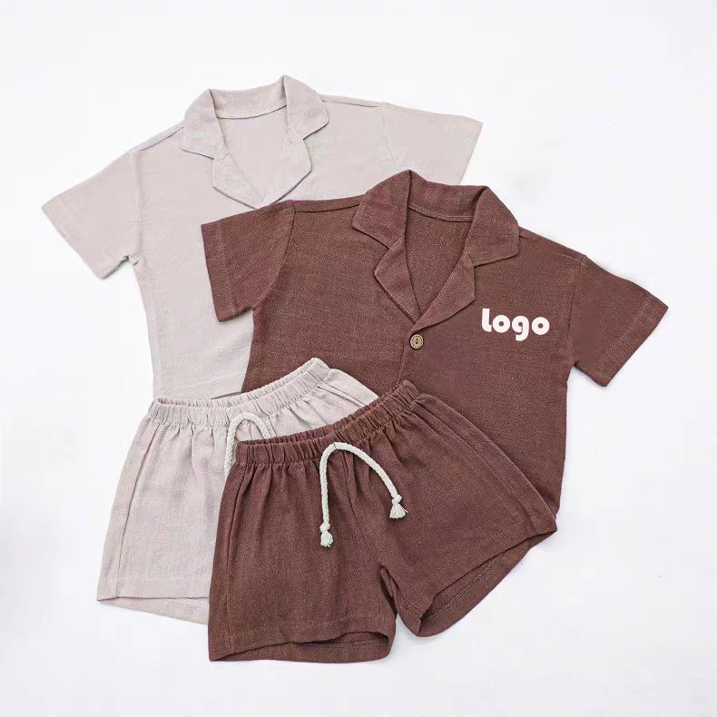 Kids Linen Sleepwear 2Piece Set Cosy Short Sleeves Shirts With Drawstring Shorts Custom Loungewear Set Oversized Pjs For Boys