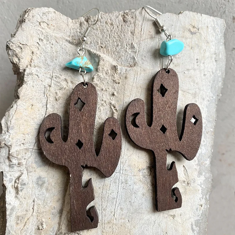 Western Cowboy turquoise Wooden Cactus Earrings Hollow Cow Horse Star Retro European American Style Earrings Jewelry Wholesale
