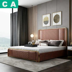 Cheap Nordic minimalist leather bed home furniture high headboard bed 5 star hotel bed linen solid wood frame