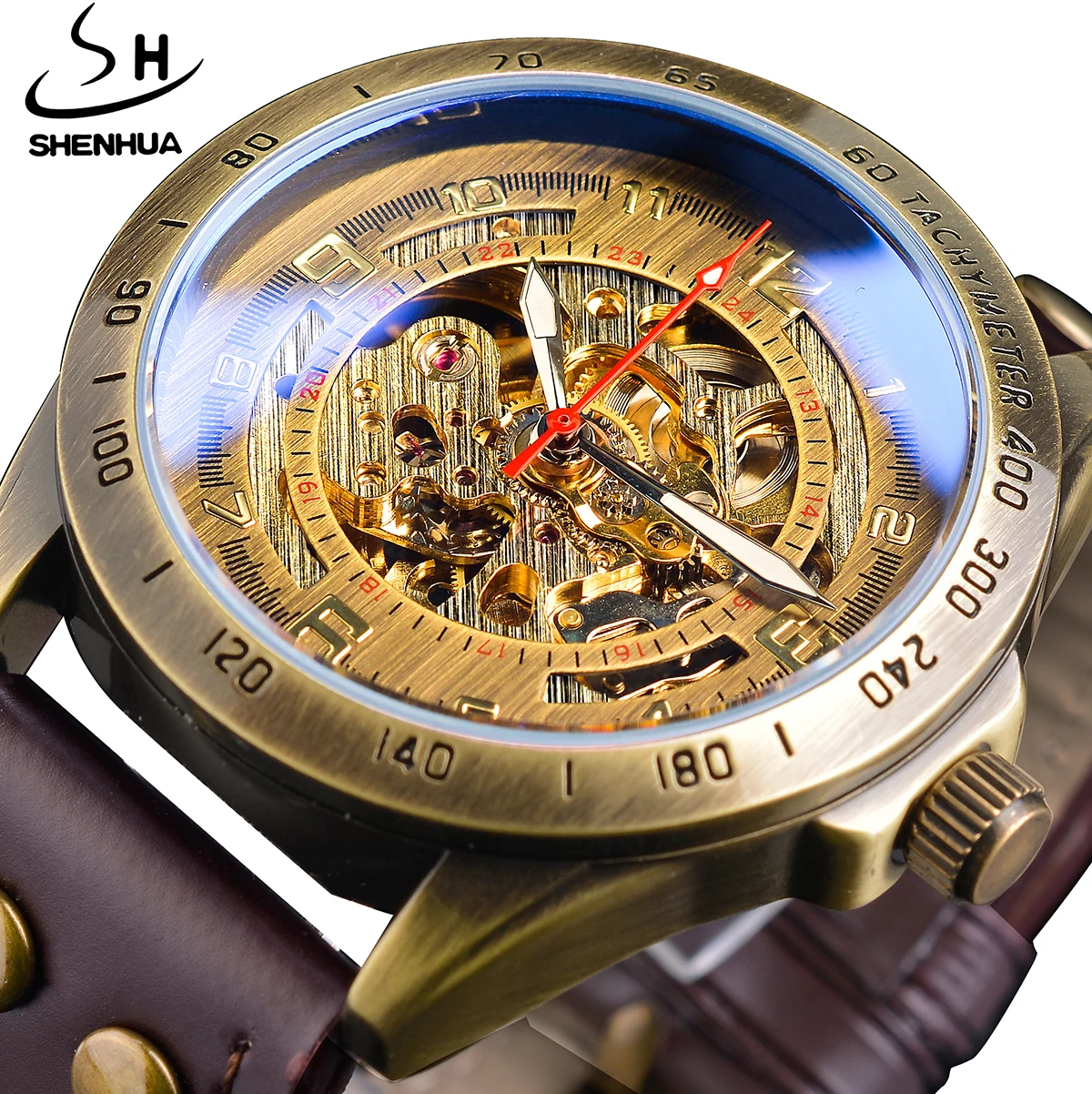 SHENHUA Retro Style Top Brand Vintage Steampunk Strip Nail Dial Designer Wrist Watches  Automatic Dive Hollow Mechanical Men