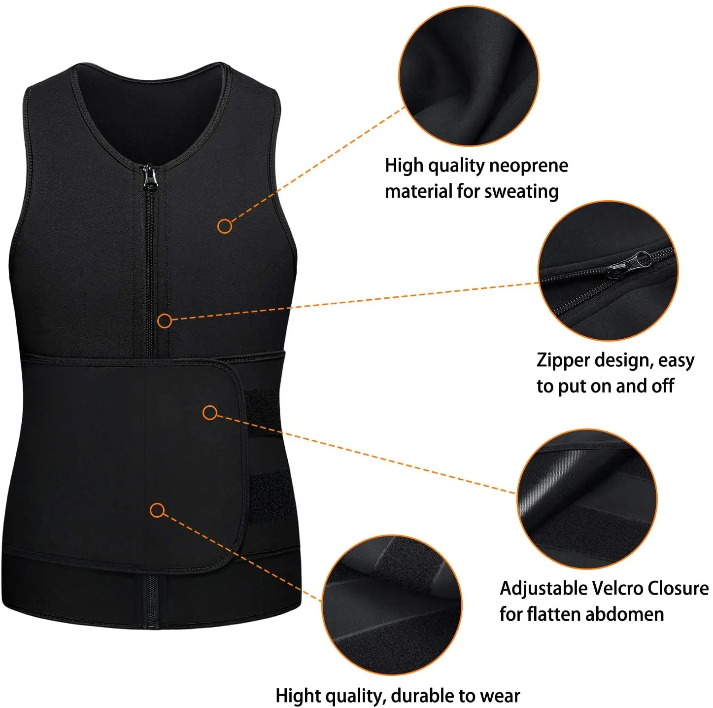 Neoprene Exercise  Slimming Body Shaper Sauna Suit Tank Top with single belt Zipper Waist Trainer Vest for Men
