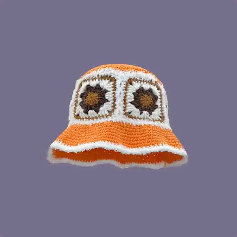 Wholesale Soft Colorful Flower Bucket Hats Granny Square Floral Handmade Crochet Thick Beanie