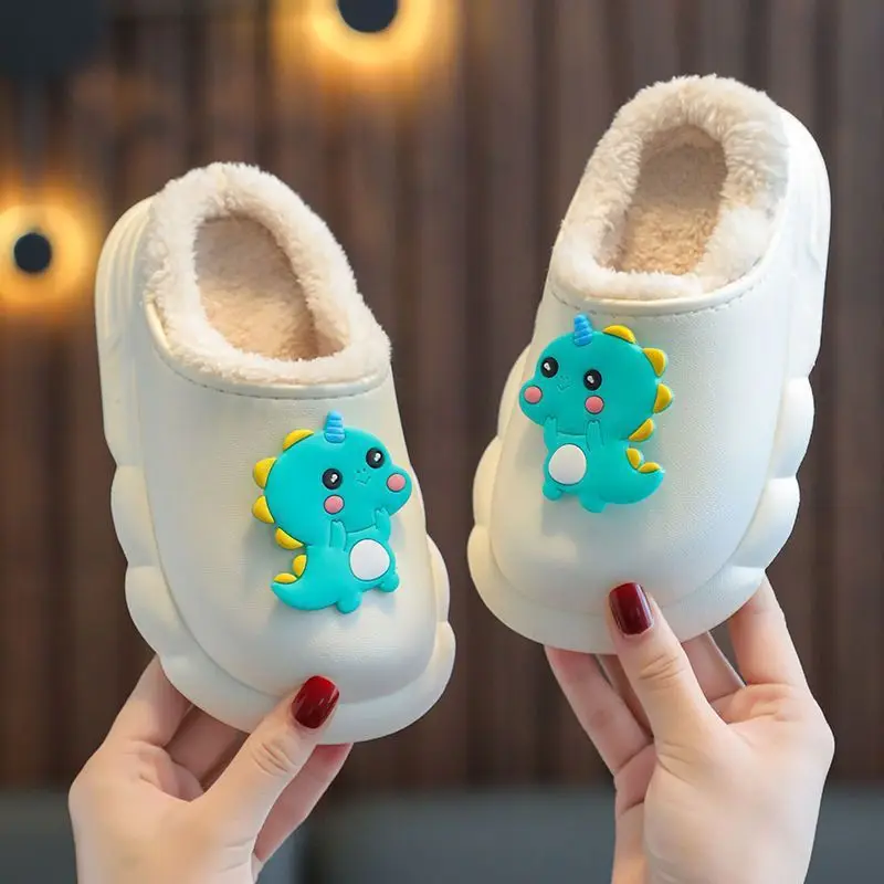 Animal Dinosaur Cartoon Warm Slippers Cute Fashion Winter Waterproof Anti Slip Kids New Bottom Home Plush Slippers For Children