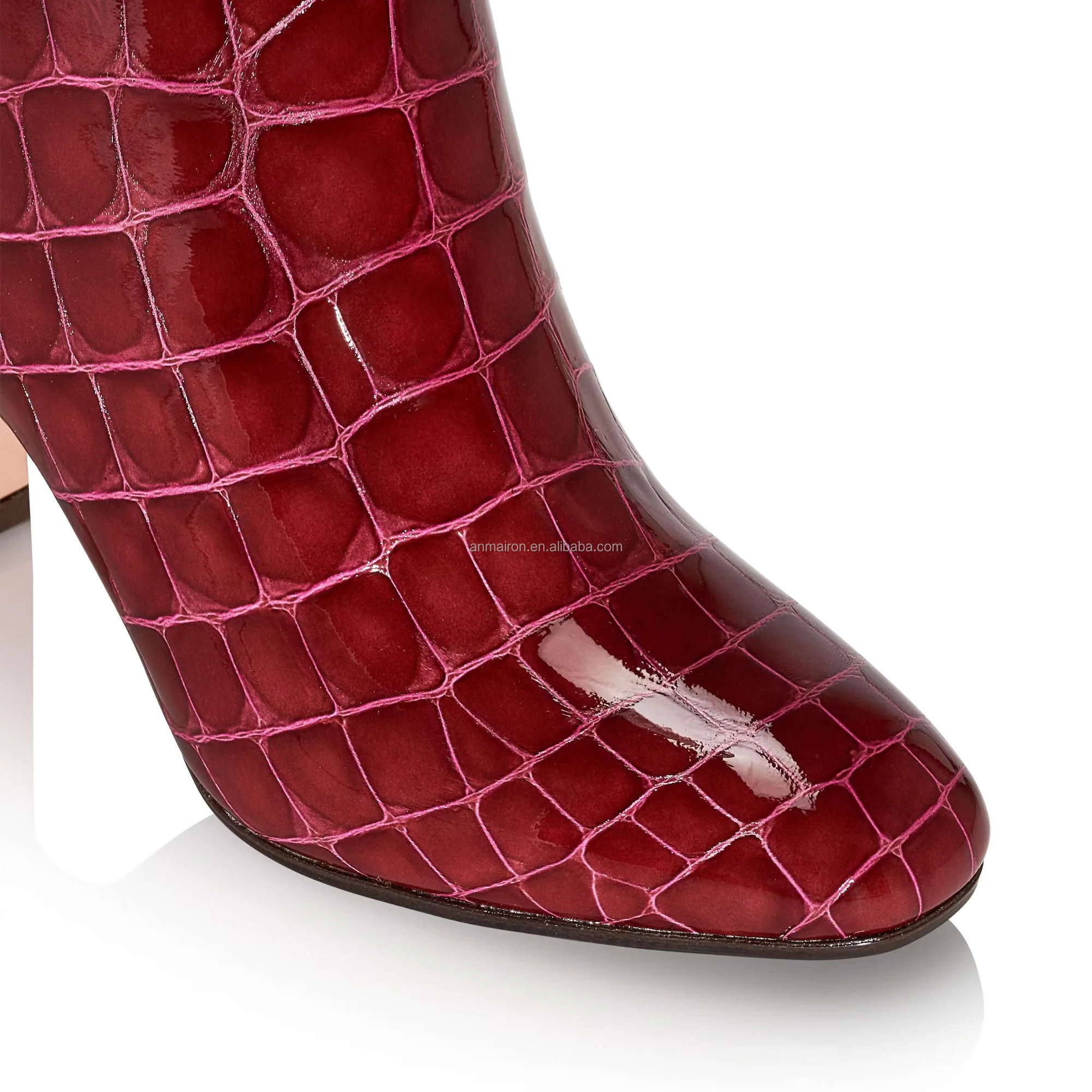 Anmairon new arrival red shiny PU knee high heel chunky heel women boots