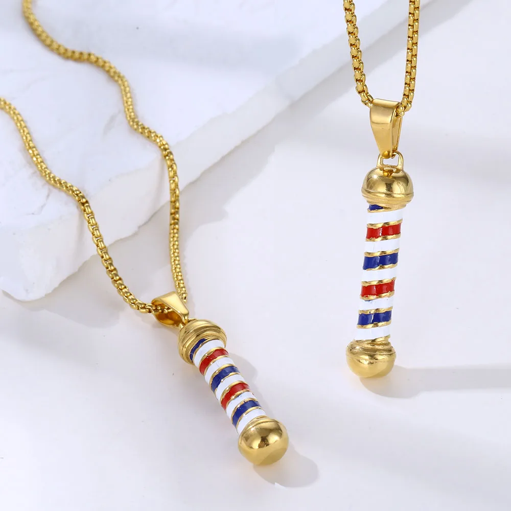 Retro 3D Barber Pole Necklace Barber Haircut Gothic Necklaces For Men Stainless Steel Long Chain hiphop Salon Pole Necklace