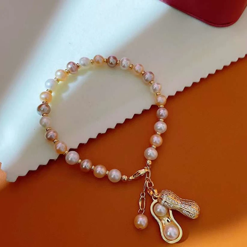 16+3cm mixed color pearl peanut bean bracelet 6-7MM round bright natural high-quality freshwater pearl bracelet