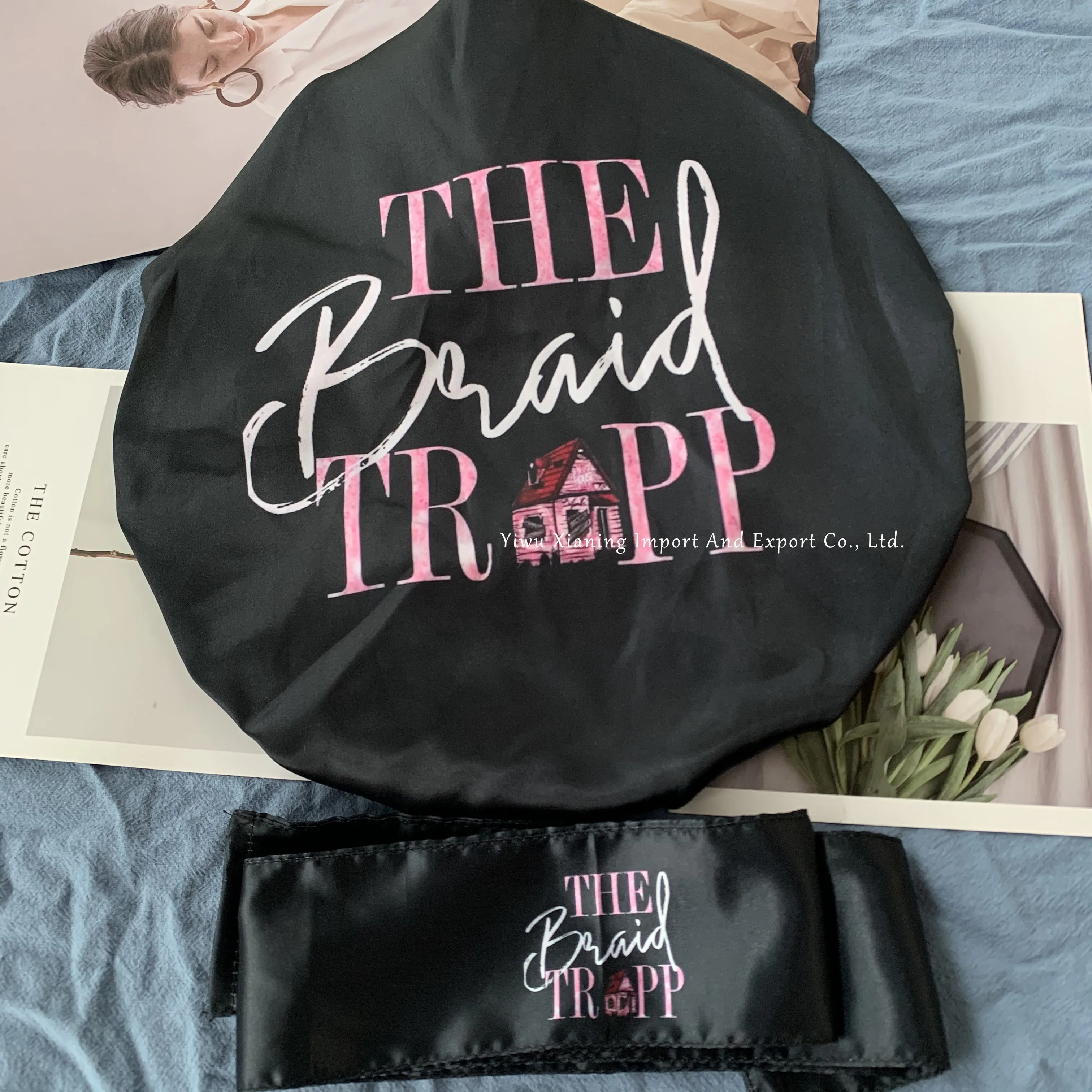 Custom Logo Hair Warp And Bonnet Set Reversible Sleeping Long Double Layer Silk Printing Satin Bonnet