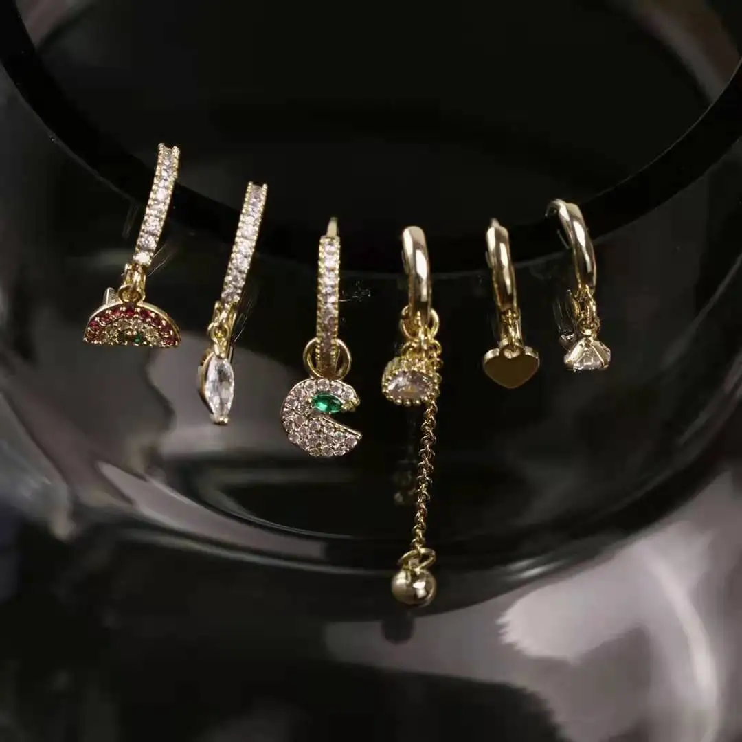 wholesale mixed designed zirconia jewelry 2021 earrings set stainless steel asymmetric earrings