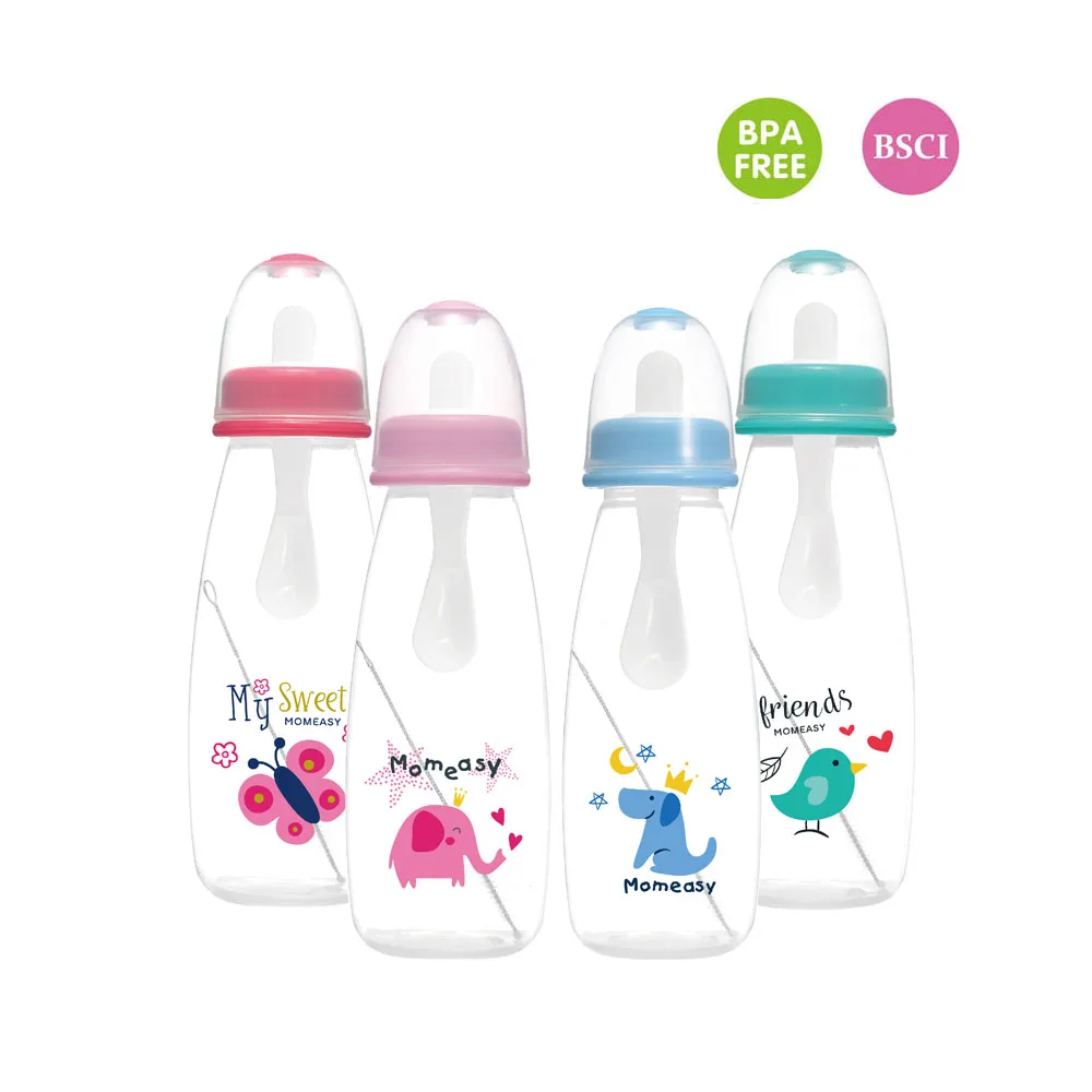 Custom Kids Food Dispensing Medicine Feeder Spoon Baby Squeeze Feeding Bottles with nipple brush