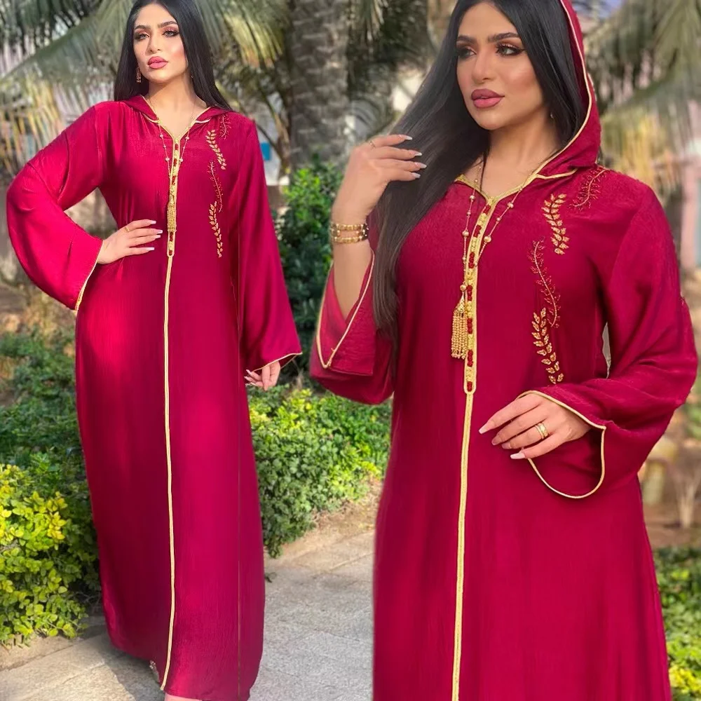 Hooded Maxi Dress for Women Quality Manual Embroidery Abaya Dubai Turkey Arabic Moroccan Kaftan Muslim Ethnic Clothes