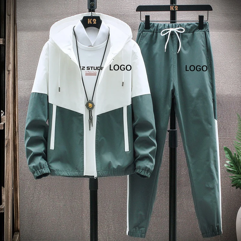 Wholesale Outdoor Athletic Sportswear Polyester Sweatsuit Loose Color Block Jacket Casual Tracksuit Set For Men