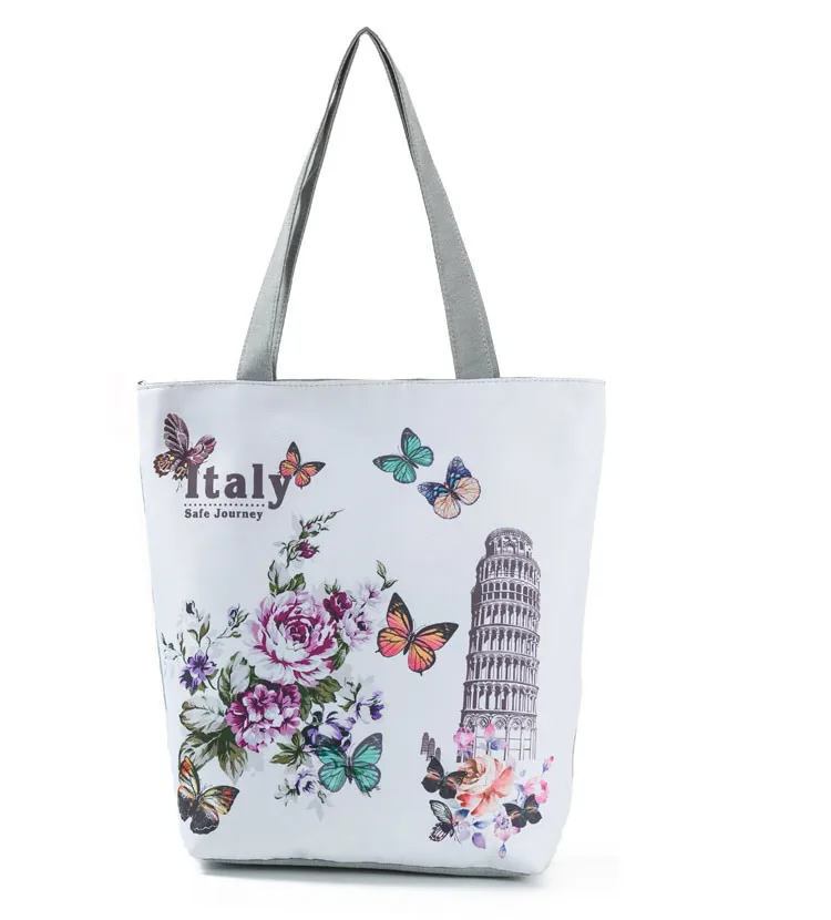 Italy Vintage Tower Design Shoulder Bags Women Summer Floral Beach Bags For Female Single Canvas Shopping Handbags High Capacity
