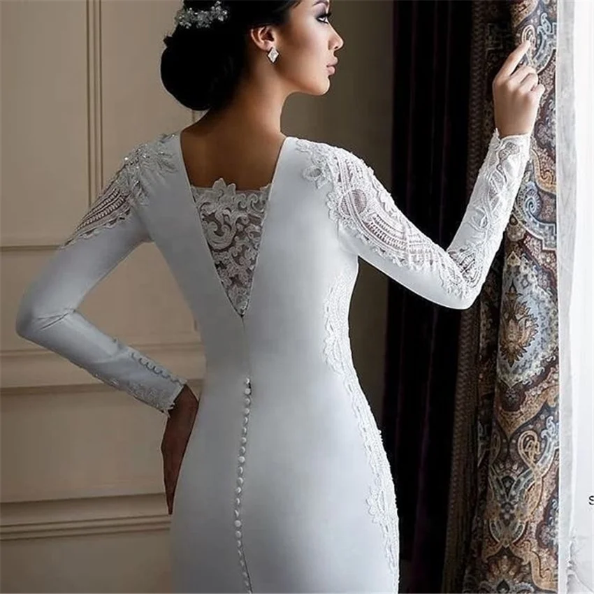 Gorgeous Long Sleeve Lace Satin Wedding Dress Sheath Reception Bridal Gown Plus Size