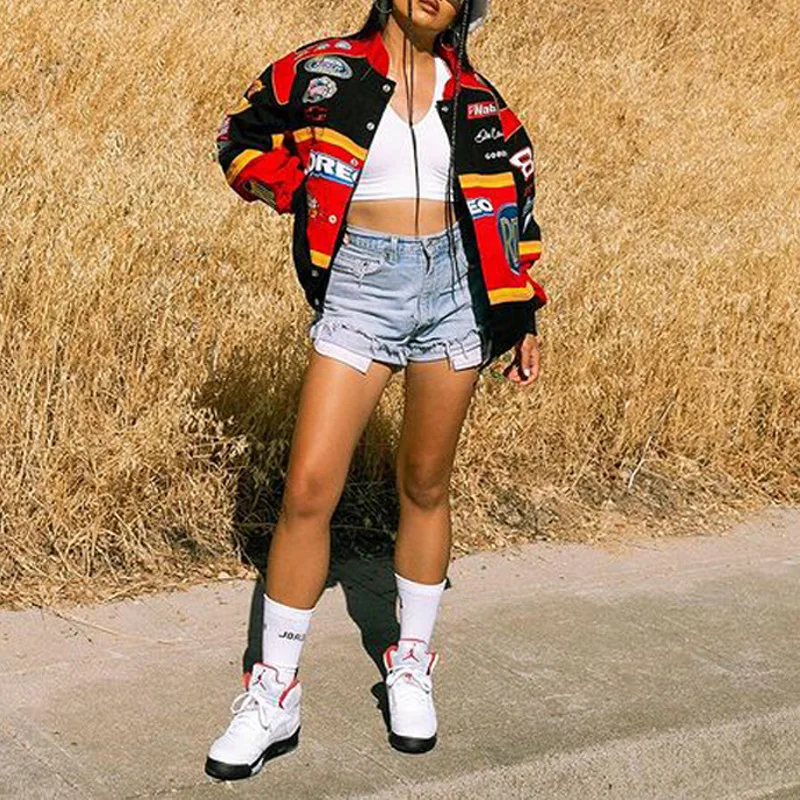 Women Casual Street Style Clothing Letter Printing Baseball Bomber Varsity Coat Unisex Windbreaker Red Bull F1Street Wear Jacket