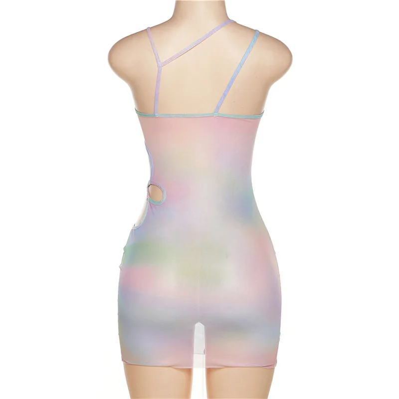 Gradient Mesh See Through Mini Dress Women Sexy Hollow Out Sleeveless Rhinestones Skinny Hip Skirt Party Clubwear Vestido