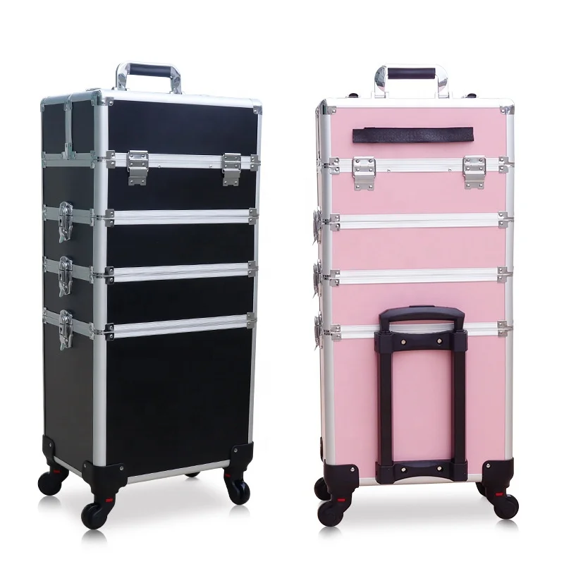 Yaeshii 4 in 1 Aluminum Rolling Cosmetic Makeup Train Cases Trolley Professional Artist Train Case Organizer Box