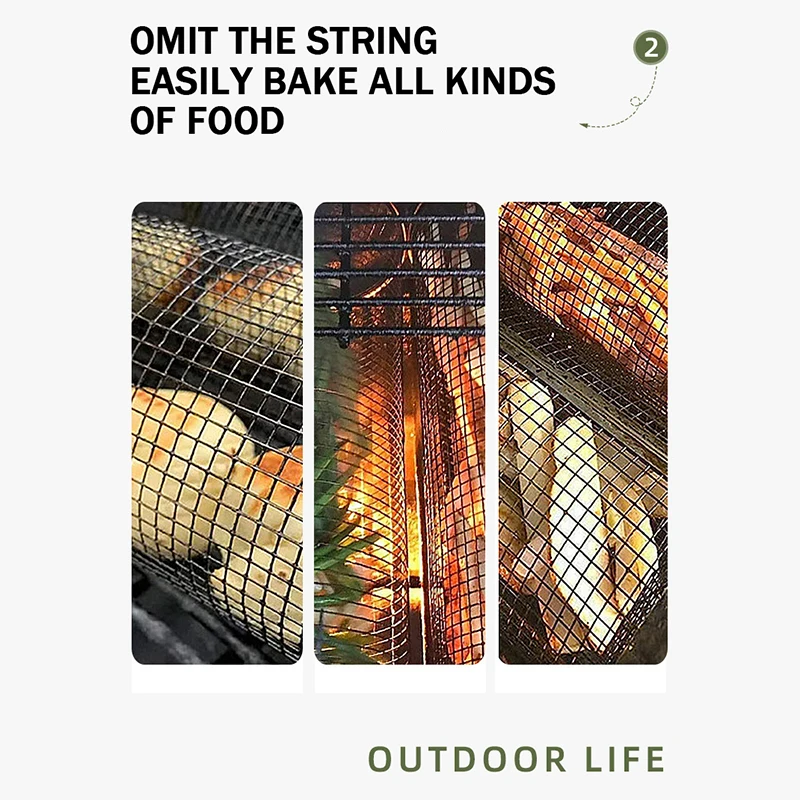 Stainless Steel Rolling Cooking Grill Grate, Outdoor Charcoal BBQ Grid, Round Grilling Basket with Removable Mesh Cover