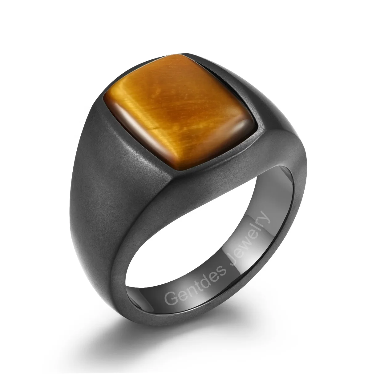 Gentdes Jewelry Black Stainless Steel Signet Ring Yellow Tiger Eye Stone Inlay Mens Signet Ring