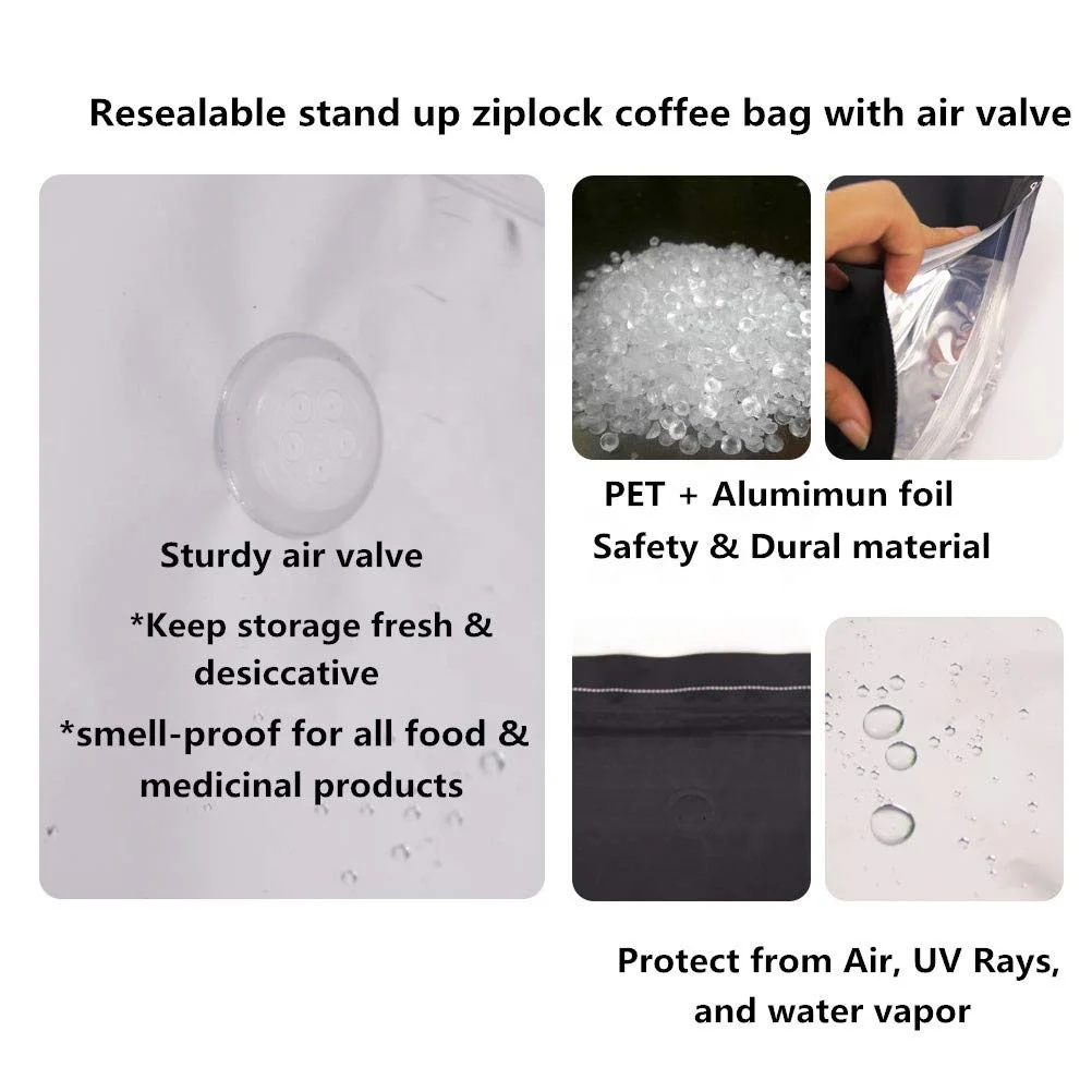 Mylar Plastic Custom Matte Black White Gold Food Packaging Pouches Resealable Zip Lock Stand Up Pouch Bulk Coffee Bags In Stock