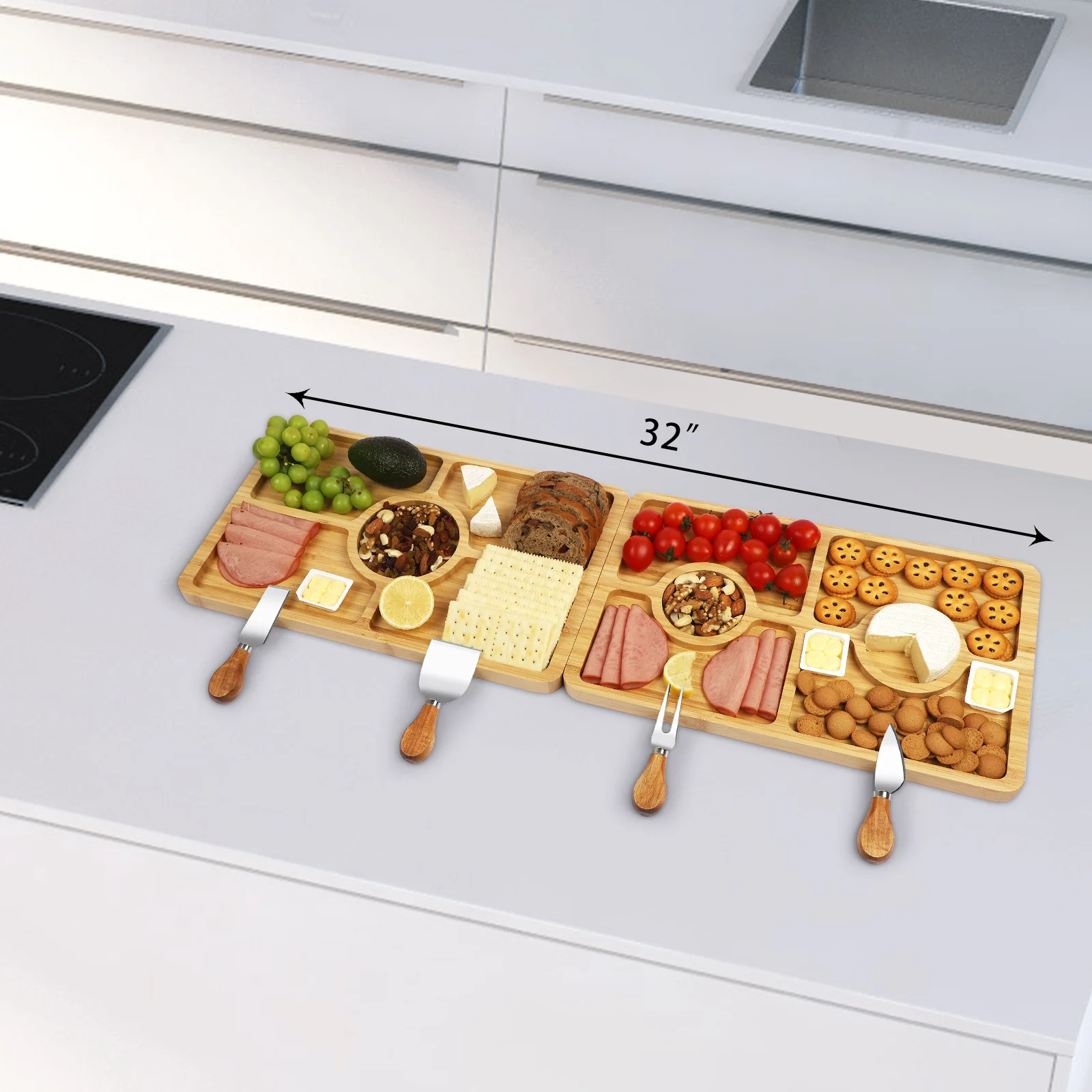 XH 2 Pack Charcuterie boards,Bamboo Cheese Board set with 4 pcs Knives, Cutting Boards Wood Party Serving Trays and Platters