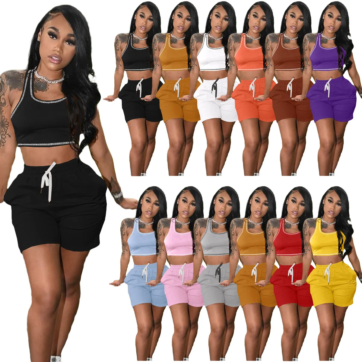 W-S955A Summer Casual Women Two Piece Set Sleeveless Solid Color Vest Pocket Shorts Sets Leisure Sports Jogging Biker Outfits