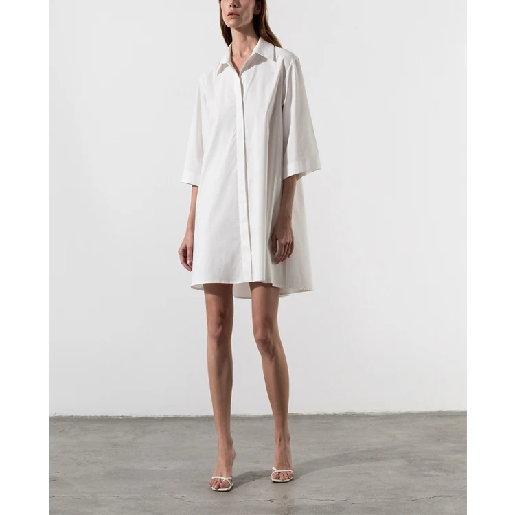 OEM Manufacturer 3/4 Sleeve Summer Women Casual Dress Button Down Shirt Dress White Dresses For Woman Elegant