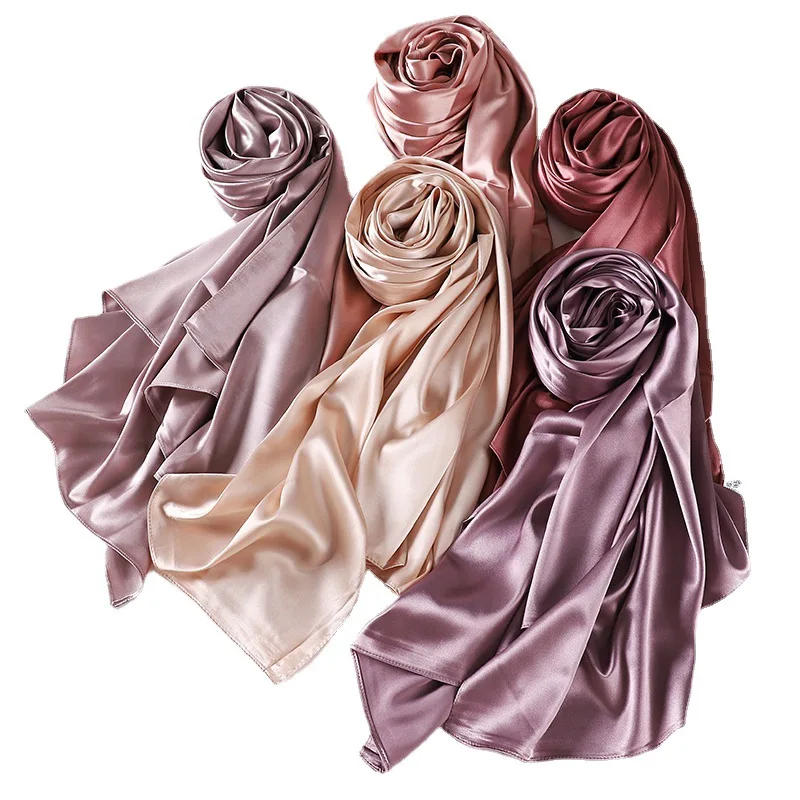Wholesale High Quality Lightweight Malaysia Ladias Plain Color Satin Scarf Shawl Wrap Bawal Muna Muslim Women Silk Stain Hijabs