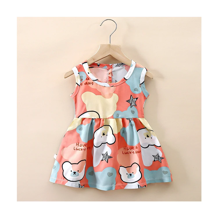 Wholesale Fashion Sleeveless Baby Girl Summer Dress Soft Orange Red Bear Printed Polyester Baby Dresses 9-12 Months