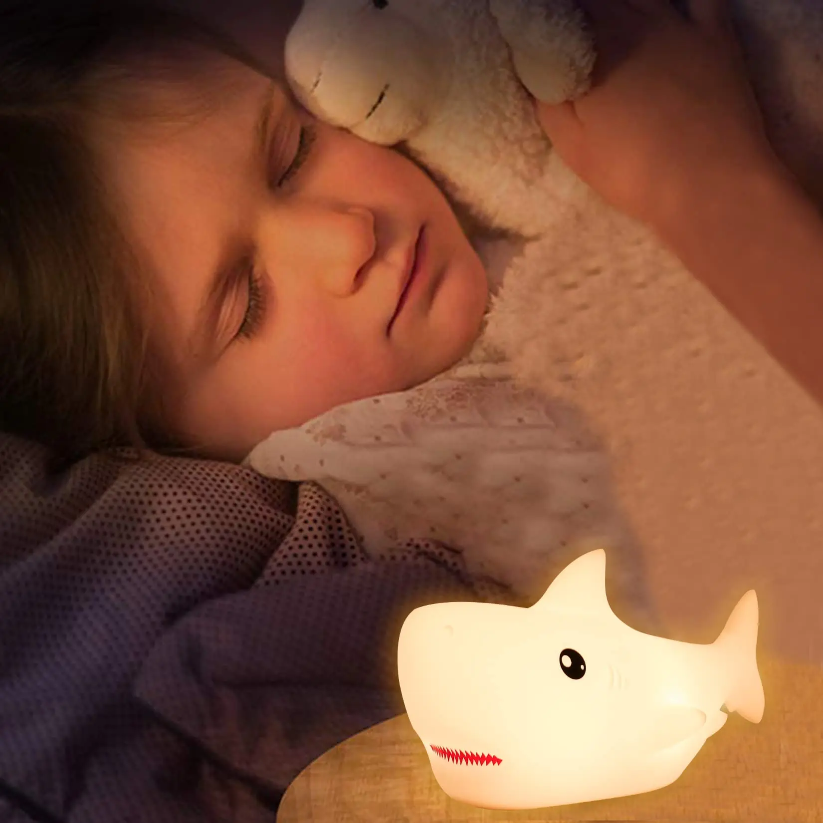 LED Children Night Light Shark Lamp 7 Color USB Rechargeable Silicone Bedroom Bedside Room Lamp for Kids Baby Girl Gift
