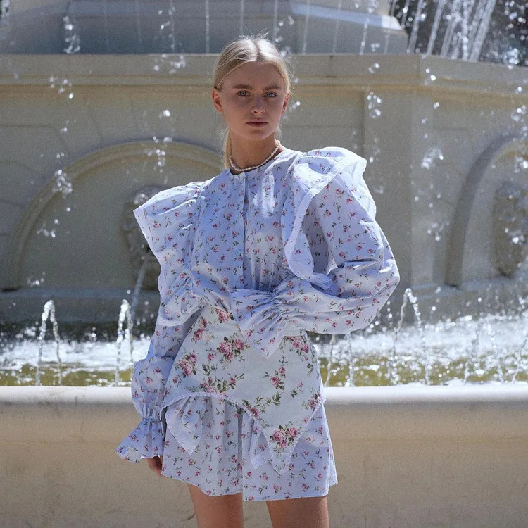 2024 Designs Button Up Lace Trim Ruffle Long Sleeve Short Summer Dresses Beautiful Floral Corset Shirt Dress For Young Ladies