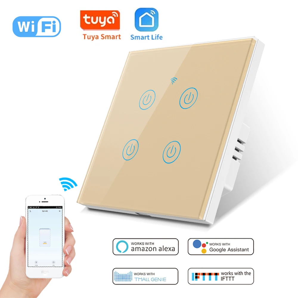 SZMYQ Wireless Home Smart Lighting Control System Tuya App Alexa Voice Control WiFi Automation 4Gang Touch Panel DIY Wall Switch