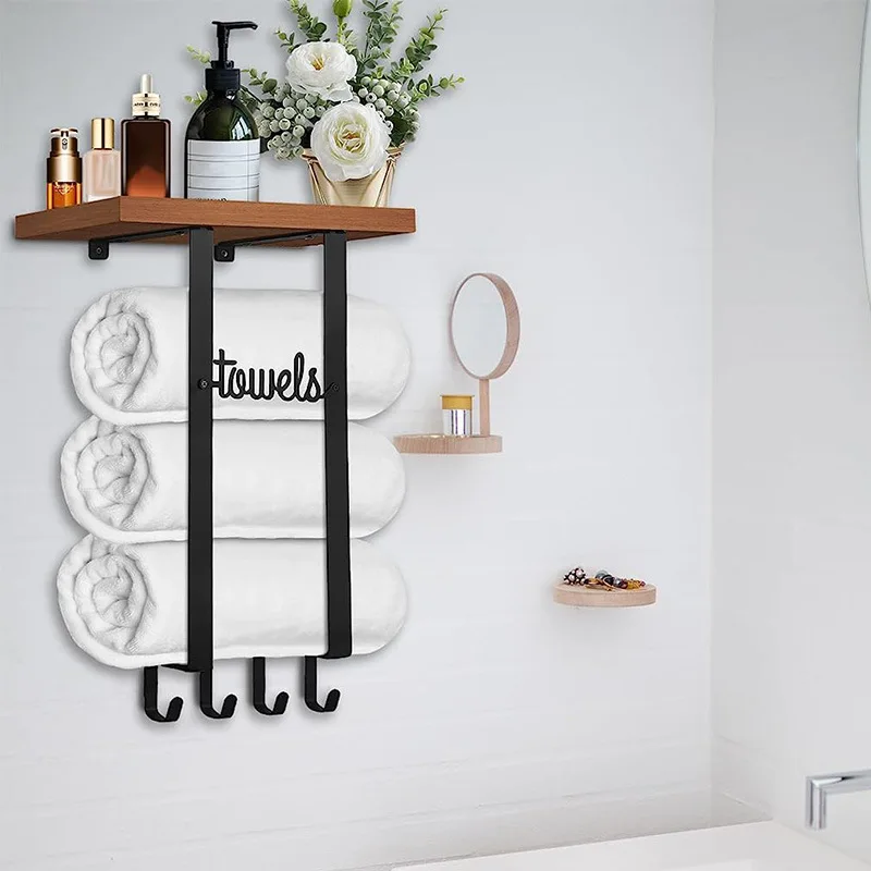 Towel Holder Bathroom Storage with Wooden Shelf and 4 Hooks Rack Wall Mounted for Rolled Towel Organizer