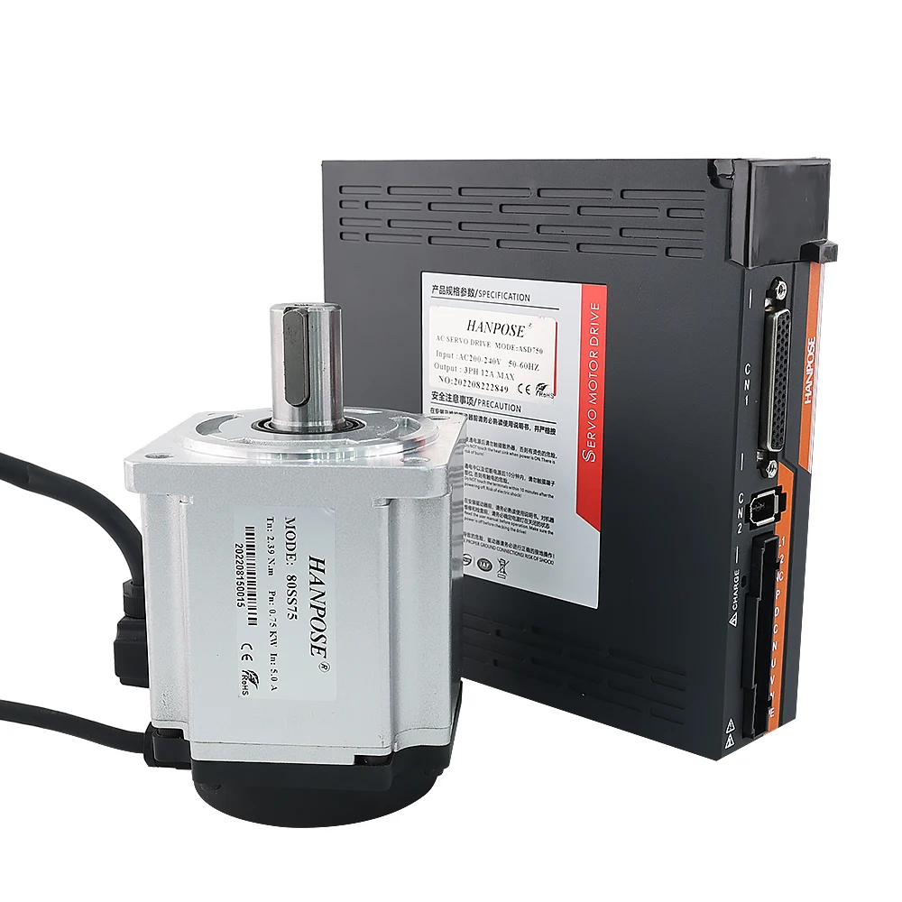 HanBuild  0.75KW 80SS75 2.39N.m 5.0A 3000-6000rpm for Cutting Machine 220V  ASD275 servo motor driver kit 80 ac servo motor 750w