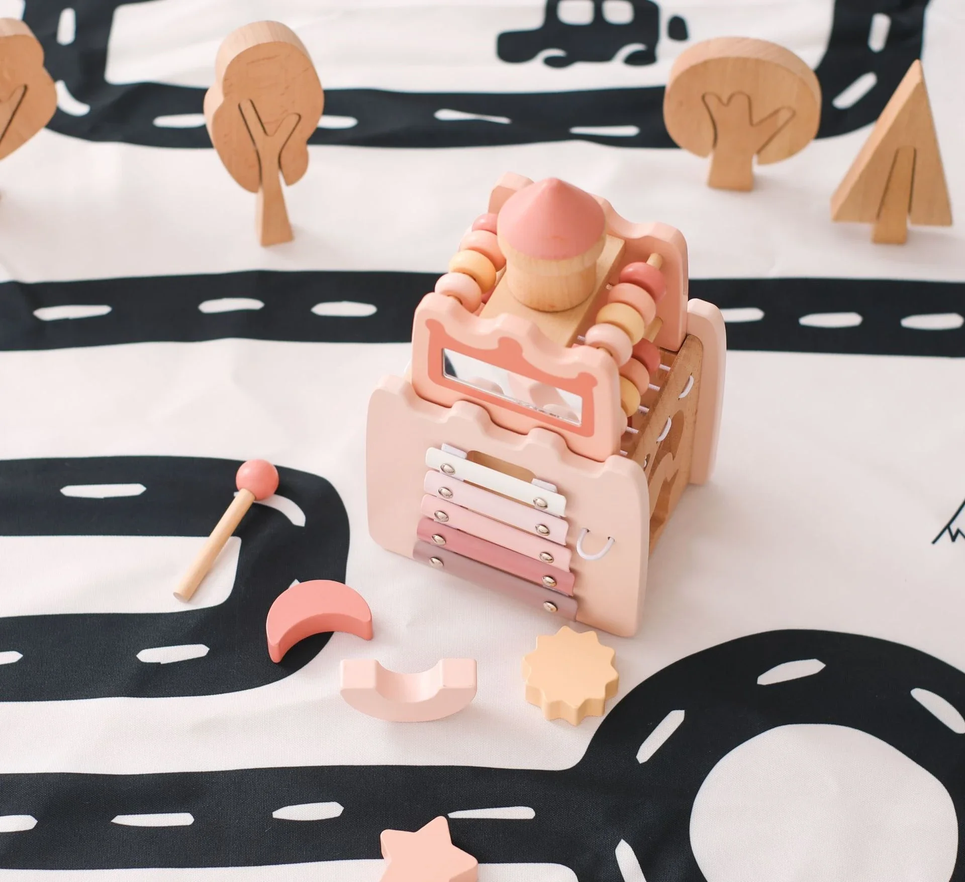 5 in 1 Montessori wooden pink castle blocks Activity Busy Cube toys for Kids girls Xylophone Education Musical Instrument